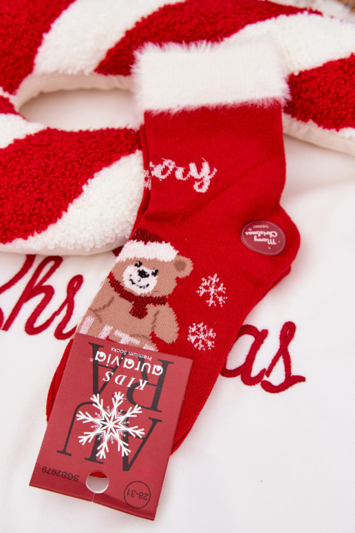 Kalėdinės kojinės Vaikiški su kailiuku I Meškiukaim I INełna Alpaka raudonos spalvos