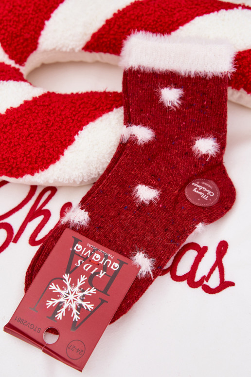 Vaikiški Christmas Kojinės Širdelės su kailiuku INełna Alpaka raudonos spalvos