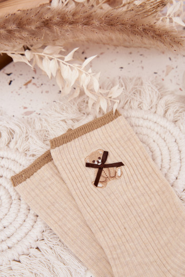 Medvilninės kojinės su dryžiais Su Meškiuku smėlio spalvos