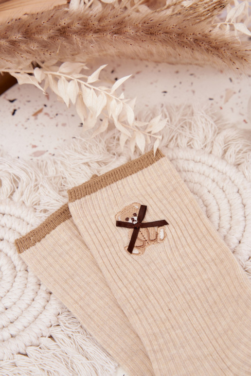 Medvilninės kojinės su dryžiais Su Meškiuku smėlio spalvos