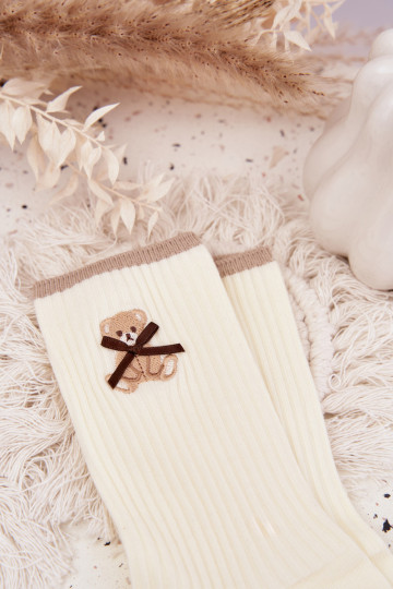 Medvilninės kojinės su dryžiais Su Meškiuku dramblio kaulo spalvos