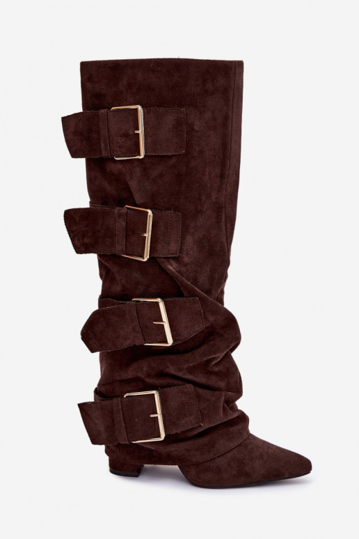 moteriški ilgaauliai batai su kulniukaissuINyĮiniętą CholeĮką I aukso spalvosmi su sagtimismi iš eko zomšosoĮe CzekoladoĮe Isave