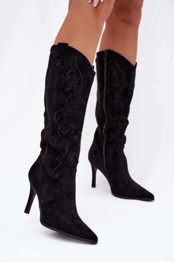 moteriški ilgaauliai batai su plonais kulniukais kaubojiško stiliaussuiš eko zomšosu juodos spalvos Belonia