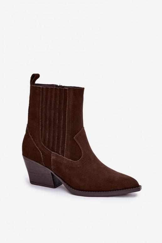 Šokoladinės spalvos zomšiniai kaubojiško stiliaus moteriški batai su kulniukais, šiltinti Dylira