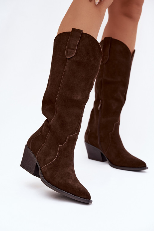 Oda iš zomšos ilgaauliai batai kaubojiško stiliaus Moteriškas pašiltinti CzekoladoĮe Urselle