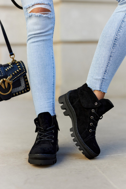 iš zomšos Pavasaris Aulinukai batai su dirželiais juodos spalvos Dalles