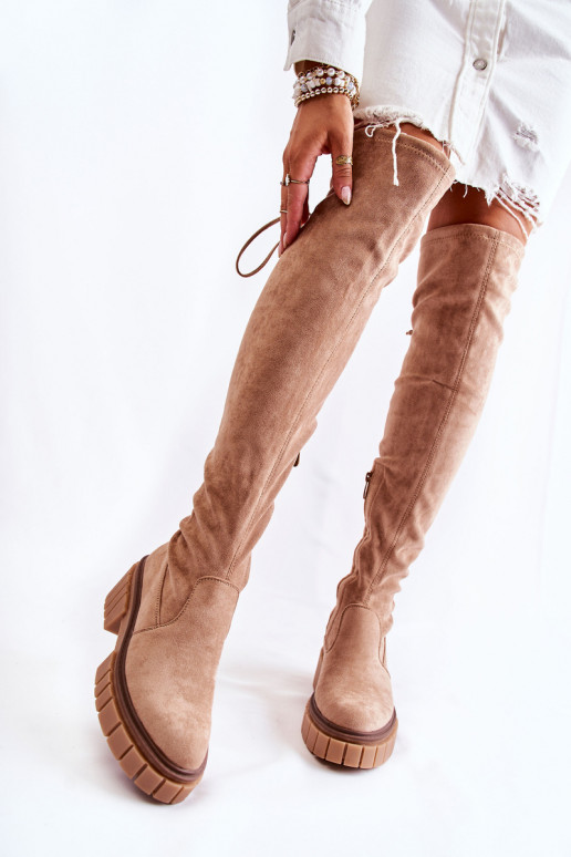 iš zomšos Moteriškas ilgaauliai batai virš kelių smėlio spalvos Cheera