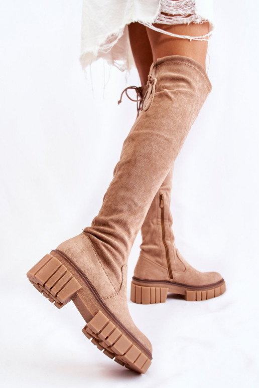 iš zomšos Moteriškas ilgaauliai batai virš kelių smėlio spalvos Cheera