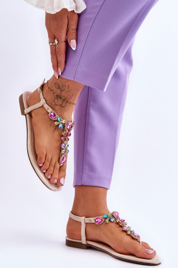 Zomšinės basutės Šlepetės su akmenukų dekoracija smėlio spalvos Frency 2