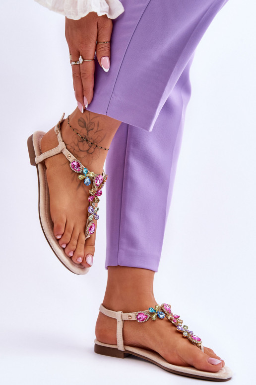 Zomšinės basutės Šlepetės su akmenukų dekoracija smėlio spalvos Frency