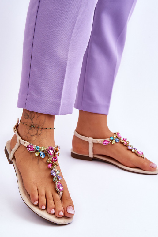 Zomšinės basutės Šlepetės su akmenukų dekoracija smėlio spalvos Frency