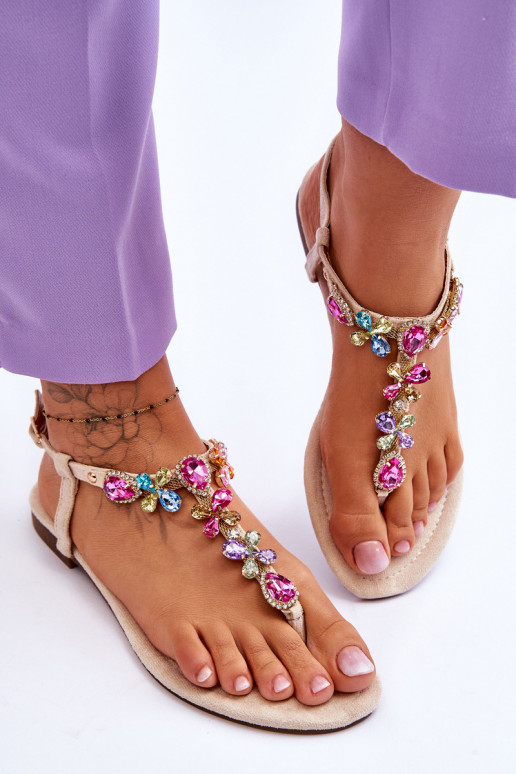 Zomšinės basutės Šlepetės su akmenukų dekoracija smėlio spalvos Frency