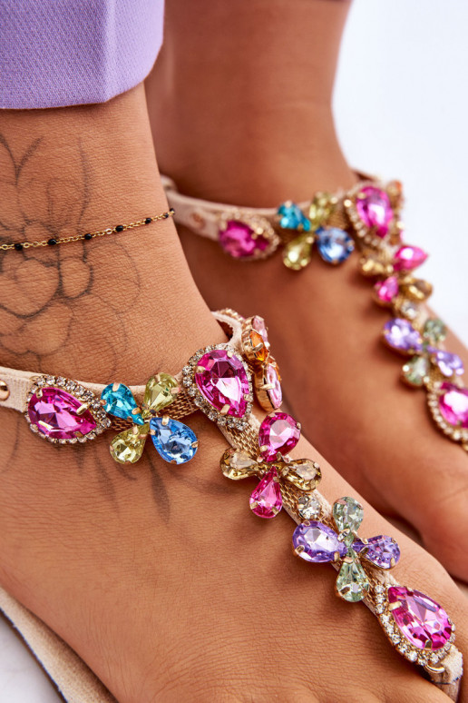 Zomšinės basutės Šlepetės su akmenukų dekoracija smėlio spalvos Frency