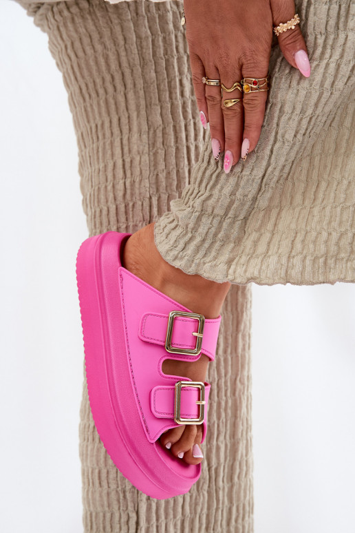 Moteriškos šlepetės su platforma Ze aukso spalvosmi su sagtimismi rožinės spalvos Zorila