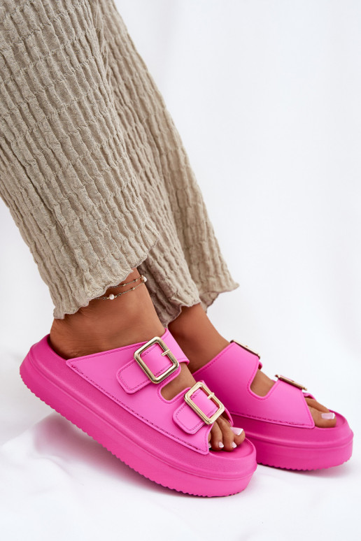 Moteriškos šlepetės su platforma Ze aukso spalvosmi su sagtimismi rožinės spalvos Zorila