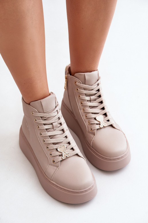 Aukštas Oda Sneakers modelio batai Moteriškas su platforma Vinceza 66707 smėlio spalvos