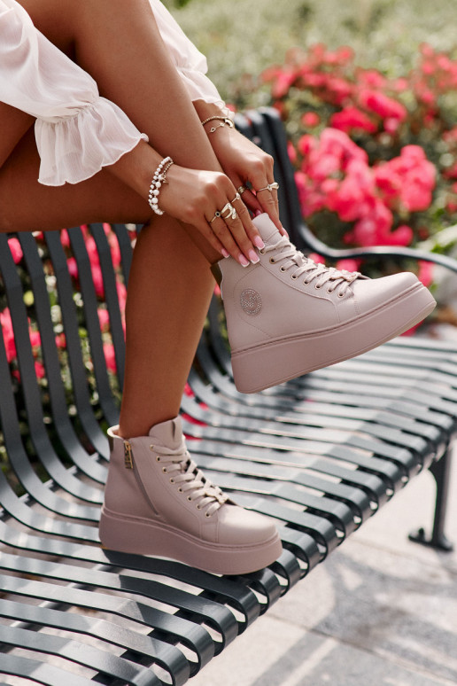 Aukštas Oda Sneakers modelio batai Moteriškas su platforma Vinceza 66707 smėlio spalvos