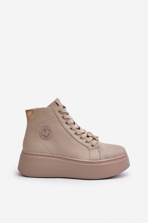 Aukštas Oda Sneakers modelio batai Moteriškas su platforma Vinceza 66707 smėlio spalvos