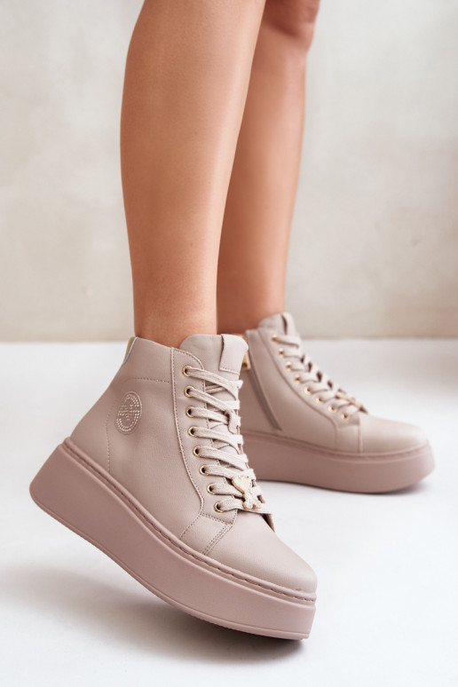 Aukštas Oda Sneakers modelio batai Moteriškas su platforma Vinceza 66707 smėlio spalvos