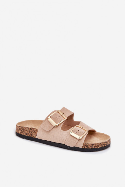 Moteriškos šlepetėssuiš eko zomšosu aukso spalvos su sagtelėmis smėlio spalvos Vorella