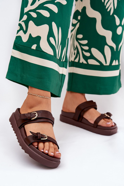 Moteriškos šlepetės su platforma Ze aukso spalvosmi su sagtimismi rudos spalvos INernone