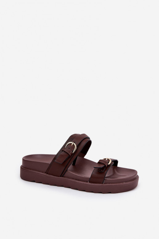 Moteriškos šlepetės su platforma Ze aukso spalvosmi su sagtimismi rudos spalvos INernone