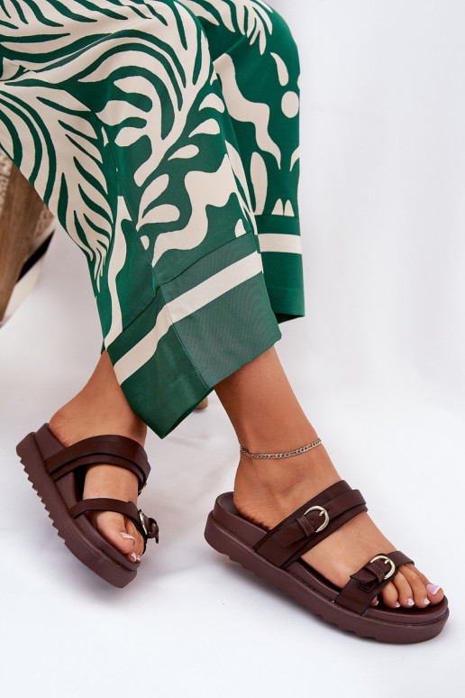 Moteriškos šlepetės su platforma Ze aukso spalvosmi su sagtimismi rudos spalvos INernone