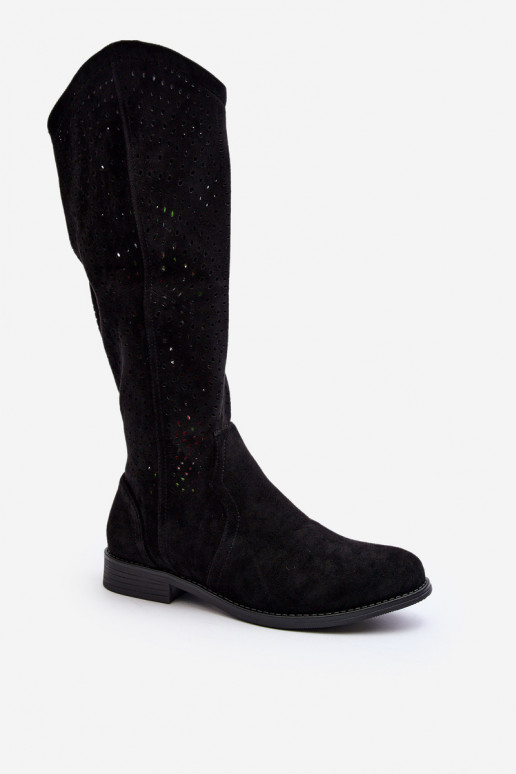 S.Barski HY66-150 su aužūro elementais ilgaauliai batai su plačiais kulniukais juodos spalvos