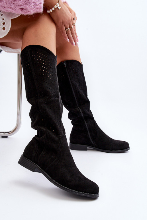 S.Barski HY66-150 su aužūro elementais ilgaauliai batai su plačiais kulniukais juodos spalvos