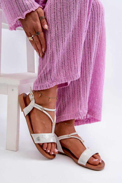 Moteriškas Lygiapadės basutės su juostelėmis S.Barski KV27-010 Baltos-sidabro spalvos