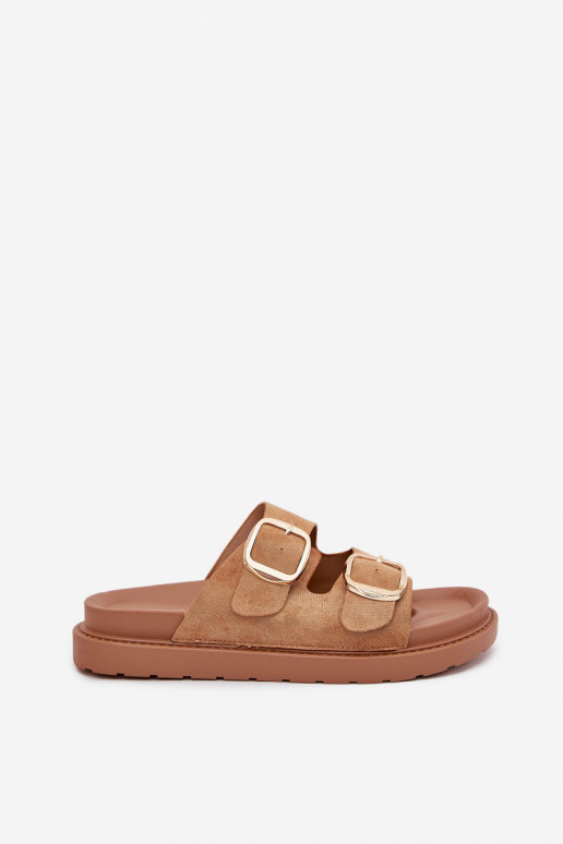 Moteriškos šlepetės su platforma Ze aukso spalvosmi su sagtimismi rudos spalvos Verena