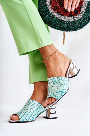 Odinės šlepetės Moteriškas Krokodilo raštas su kulniukais šviesiai žalios spalvos Perry 2