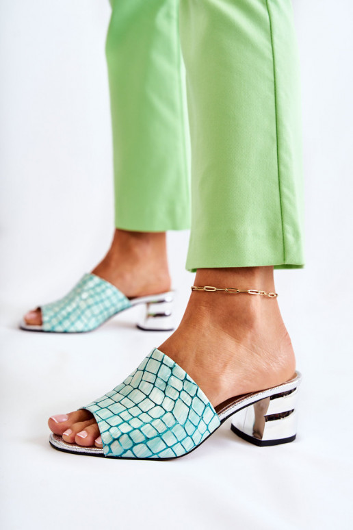 Odinės šlepetės Moteriškas Krokodilo raštas su kulniukais šviesiai žalios spalvos Perry