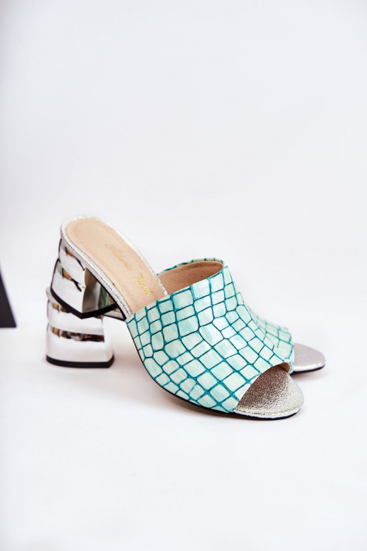 Odinės šlepetės Moteriškas Krokodilo raštas su kulniukais šviesiai žalios spalvos Perry