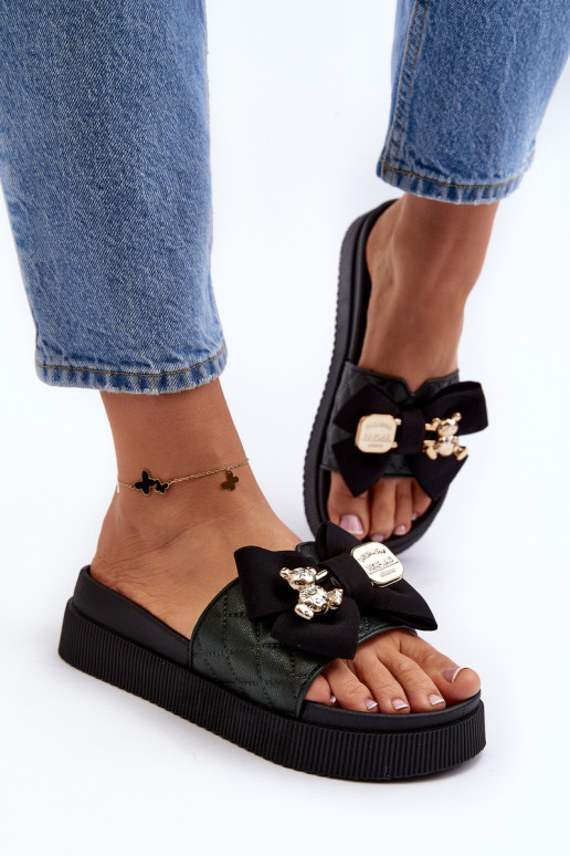 Moteriškas Šlepetės su kaspinais i Meškiukaim juodos spalvos Katterina