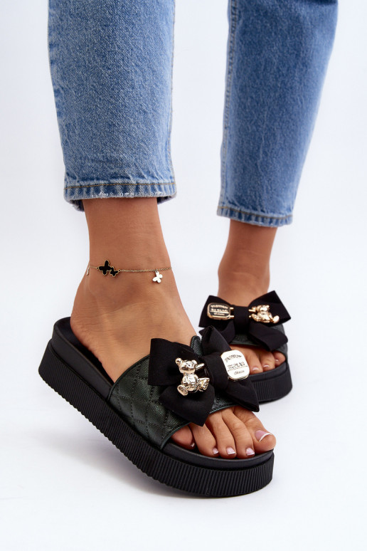 Moteriškas Šlepetės su kaspinais i Meškiukaim juodos spalvos Katterina