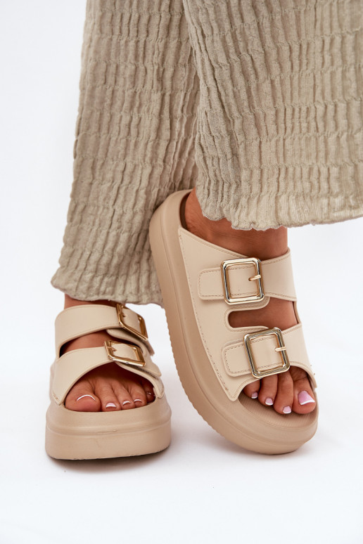 Moteriškos šlepetės su platforma Ze aukso spalvosmi su sagtimismi smėlio spalvos Zorila