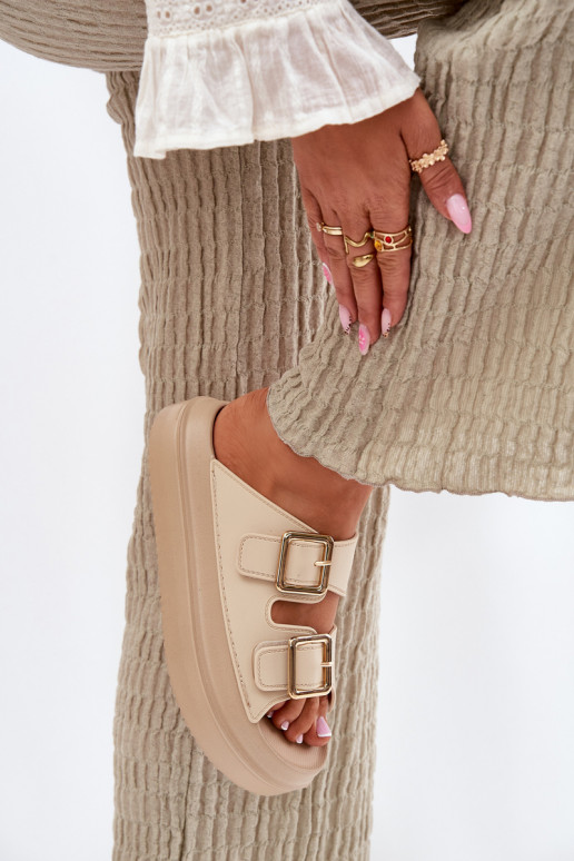 Moteriškos šlepetės su platforma Ze aukso spalvosmi su sagtimismi smėlio spalvos Zorila