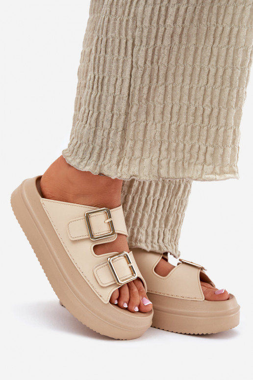 Moteriškos šlepetės su platforma Ze aukso spalvosmi su sagtimismi smėlio spalvos Zorila