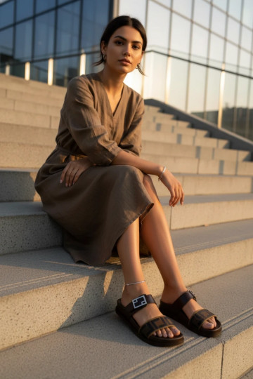 Moteriškos šlepetės su aukso spalvos sagtimis rudos spalvos Fiorisse 2