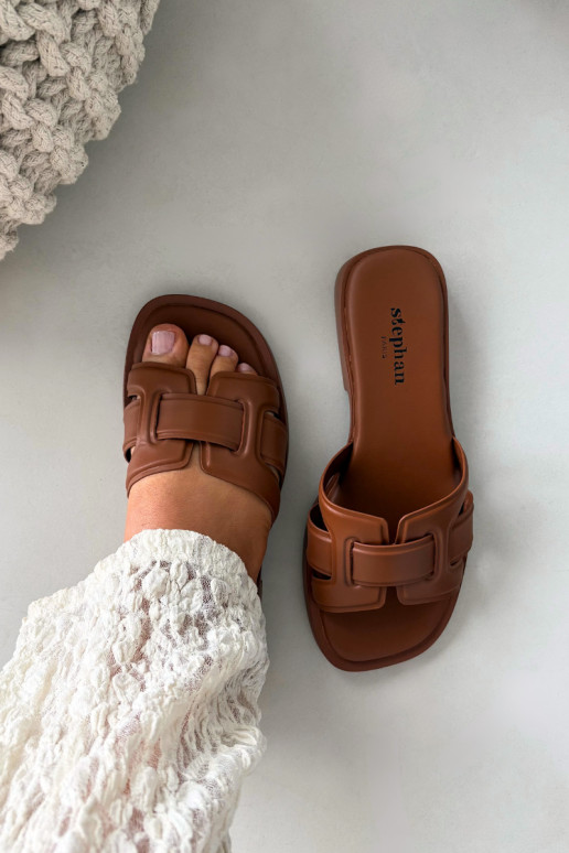 Moteriškos šlepetės su plačiais kulniukais rudos spalvos Lorania