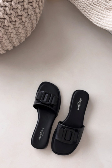 Moteriškos šlepetės su plačiais kulniukais su sagtimis juodos spalvos Melivra 2