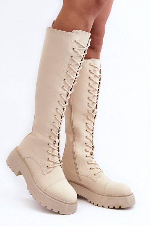 su raišteliais pašiltinti ilgaauliai batai kerziniai batai Prieš Kelį smėlio spalvos Bergdis