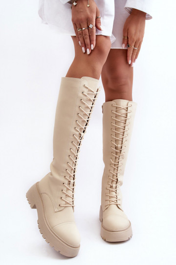 su raišteliais pašiltinti ilgaauliai batai kerziniai batai Prieš Kelį smėlio spalvos Bergdis 2