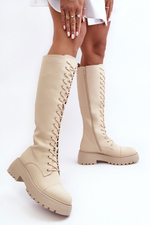 su raišteliais pašiltinti ilgaauliai batai kerziniai batai Prieš Kelį smėlio spalvos Bergdis