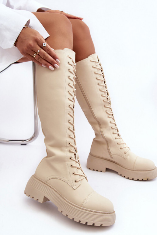 su raišteliais pašiltinti ilgaauliai batai kerziniai batai Prieš Kelį smėlio spalvos Bergdis