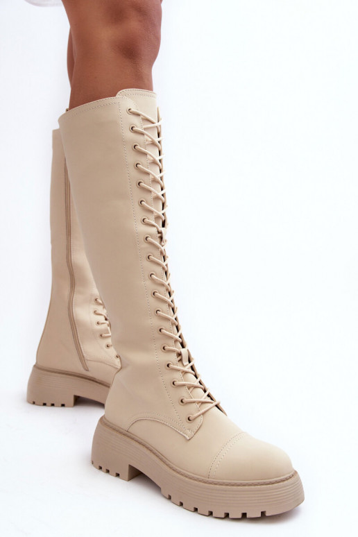 su raišteliais pašiltinti ilgaauliai batai kerziniai batai Prieš Kelį smėlio spalvos Bergdis