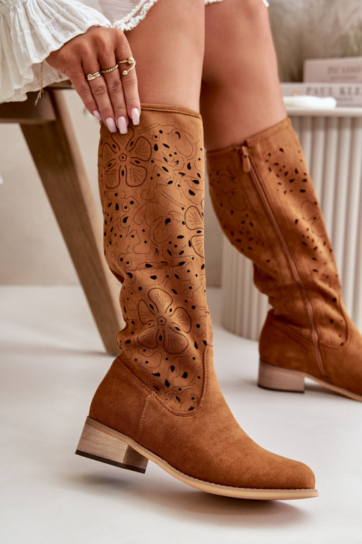 su aužūro elementais moteriški ilgaauliai batai Ant žemo kulno iš eko zomšosoĮe Užsegamos Į Pilį rudos spalvos Orchides