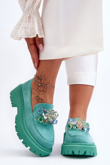 Moteriški mokasinai su dirbtiniais kristalais žalios spalvos Avril 2