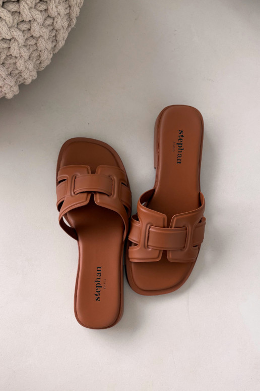 Moteriškos šlepetės su plačiais kulniukais rudos spalvos Lorania